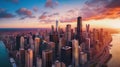Chicago skyline at sunset with skyscrapers and lake Michigan, USA. Generative AI Royalty Free Stock Photo