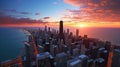 Chicago skyline at sunset with skyscrapers and lake Michigan, USA. Generative AI Royalty Free Stock Photo