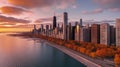 Chicago skyline at sunset with skyscrapers and lake Michigan, USA. Generative AI Royalty Free Stock Photo