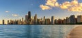 Chicago skyline at sunset viewed from North Avenue Beach Royalty Free Stock Photo