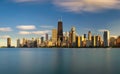 Chicago skyline at sunset viewed from North Avenue Beach Royalty Free Stock Photo