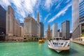 Chicago downtown and Chicago River at summer time in Chicago, Illinois.