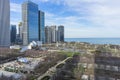 Chicago skyline view from above, city of Chicago downtown skyscrapers and lake Michigan