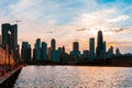 Chicago skyline viewed from the pier on Lake Michigan with sunset sky in the background Royalty Free Stock Photo