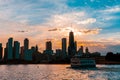 Chicago skyline viewed from the pier on Lake Michigan with sunset sky in the background Royalty Free Stock Photo