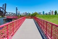 Chicago Skyline and Walkway next to the Chicago River seen from Ping Tom Memorial Park in Chinatown