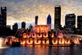 Chicago skyline with water fountain and a beautiful sunset background. Royalty Free Stock Photo