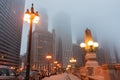 Chicago street as mist descends and lights come on Upper Wacker Royalty Free Stock Photo