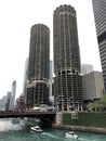 Chicago streets. Skyscrapers and sky. Geometry of walls, stairs and windows of a modern city Royalty Free Stock Photo