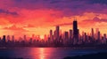 Chicago Sunset In 1830s: A Pixel Art Illustration