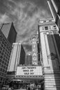 Chicago theater marquee in urban setting with skyline Royalty Free Stock Photo