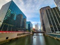 Chicago, USA - April 27, 2023: chicago city downtown skyscraper at chicago river with building landmark