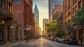 Chicago, USA downtown cityscape at sunset with skyscrapers. Generative AI Royalty Free Stock Photo