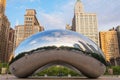 Chicago, USA - may 26, 2018: Reflection of city buildings on a metal surface of Cloud Gate also known as the Bean, Millennium Park Royalty Free Stock Photo