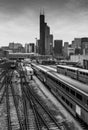 Chicago, USA: View of downtown Chicago, Willis Tower, surrounding buildings, railway and Amtrak trains