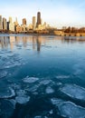 Chicago view with frozen lake Michigan and ice pancakes in the foreground