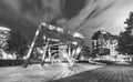 Chicago West Loop park and cityscape at night in black and white. Street in Chicago. Panorama Royalty Free Stock Photo