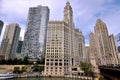 Chicago Wrigley Clock Tower and Tribune building beside river Royalty Free Stock Photo