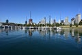 Chicago Yacht Club and Chicago skyline on Lake Michigan.