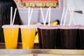 Chicha morada and next to it pineapple juice Royalty Free Stock Photo