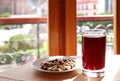 Chicha Morada, popular Peruvian traditional drinks served with a plate of Andean toasted corn Royalty Free Stock Photo