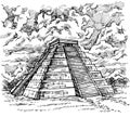 Chichen Itza, Engraved hand drawn sketch.