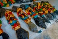 CHICHEN ITZA, MEXICO - NOVEMBER 12, 2017: Close up of colorful Mayan ceramic, a regular motif in the ancient Mayan art