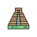 Chichen Itza, Pyramid of Kukulkan, Tulum, Teotihuacan flat color line icon.