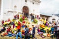 Chichicastenango, Guatemala on 2th May 2016: Group of indigenous people selling products in front of church Royalty Free Stock Photo