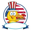 Chick Cartoon Character With Patriotic Hat Holding A Fast Food Over A Circle Blank Label In Front Of Flag Of USA