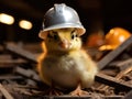 Chick in construction with hard hat