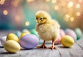 a chick and easter eggs in pastellic color. Royalty Free Stock Photo