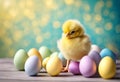 a chick and easter eggs in pastellic color. Royalty Free Stock Photo