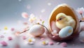 Chick emerging from a beautifully decorated egg among pastel flowers and eggs in a serene spring setting Royalty Free Stock Photo