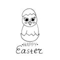 Chick hatching from an egg and lettering happy template card, poster. sketch hand drawn doodle style. minimalism. easter, bird, Royalty Free Stock Photo