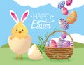 Chick inside egg broken and easters decoration