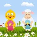 Chick & Lamb with Easter Eggs in Meadow