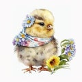 Easter Treats: Pajama-Clad Easter Chick with a Basket of Eggs and a Bouquet of Beautiful Flowers AI Generated