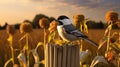 Chickadee On Fence Post: Lush Cornfield Background, Warm Tones Photography Royalty Free Stock Photo