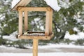 A chickadee in a winter feeder eats bread. The concept of helping birds in winter. Royalty Free Stock Photo