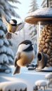 Chickadees Sunrise Snowfall Backyard Winter Birds Feeder Birdfeeder White Snow AI Generated