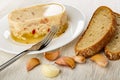 Chicken aspic in white plate, fork, pieces of bread, slices of garlic on table