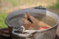 Chicken sticks out of the pan with hot broth as a symbol of the collapse of hopes, bummer, the end of life, irreparable troubl