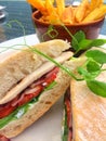 Chicken bacon lettuce and tomato sandwich in ciabatta bread with golden chips Royalty Free Stock Photo