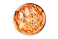 Chicken, Bacon, Mushroom Pizza on a Wooden Board over White Background, Stone Baked Pizza