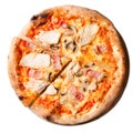 Chicken, Bacon, Mushroom Pizza on a Wooden Board over White Background, Stone Baked Pizza