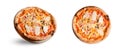 Chicken, Bacon, Mushroom Pizza on a Wooden Board over White Background, Stone Baked Pizza