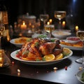 Chicken baked in the oven with a golden brown crust on the festive table