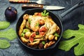 Chicken baked with potatoes and figs Royalty Free Stock Photo