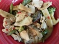 Chicken, bamboo, and vegetables in a red bowl